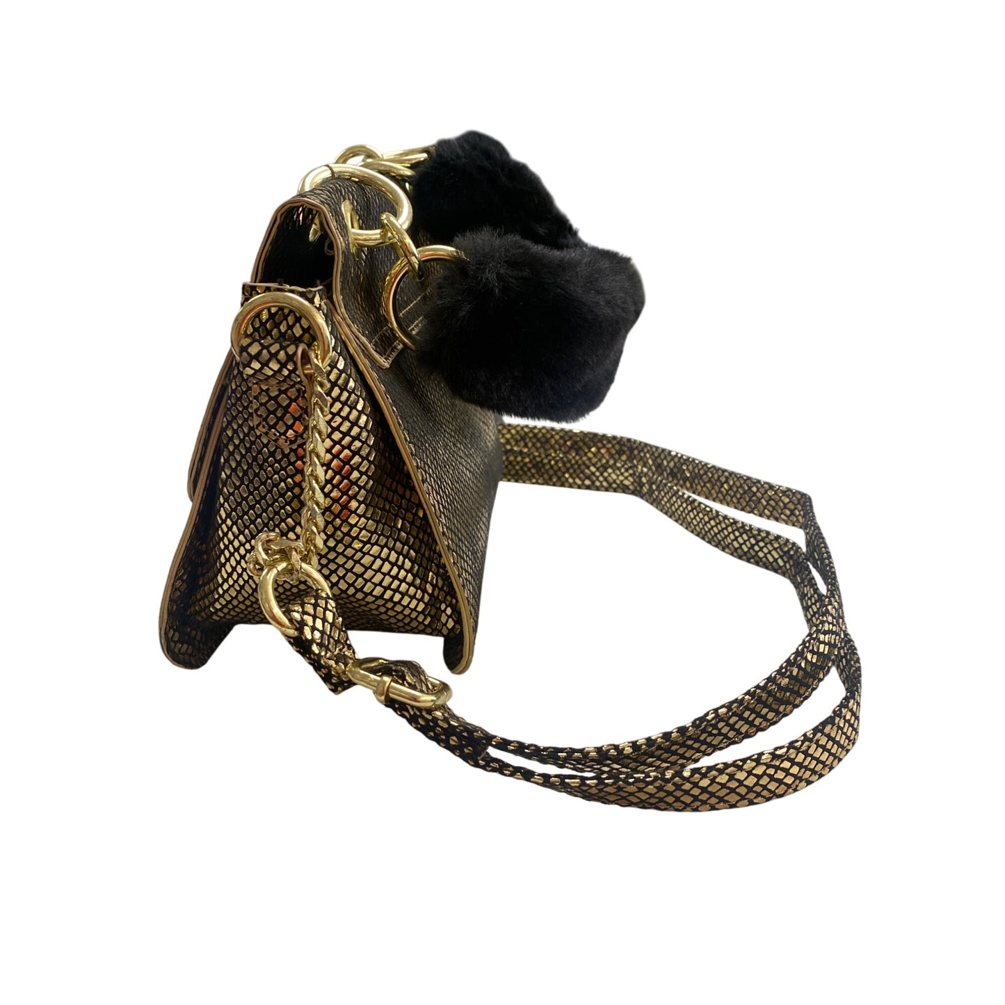 Gold Snake Print Faux Leather Shoulder Bag With Chain Strap & Faux Fur Handle