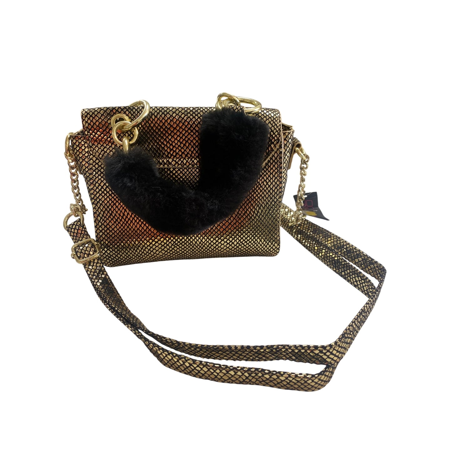 Gold Snake Print Faux Leather Shoulder Bag With Chain Strap & Faux Fur Handle
