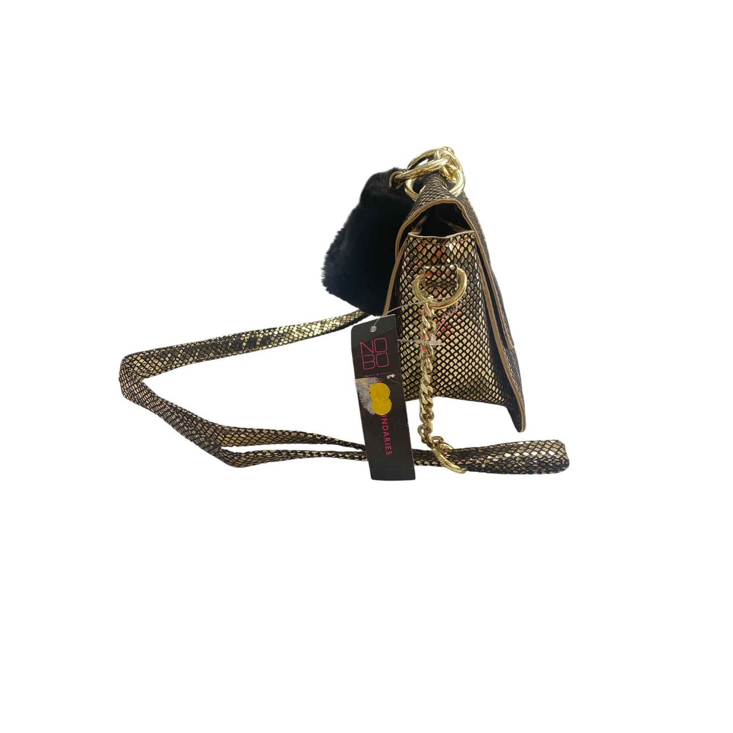 Gold Snake Print Faux Leather Shoulder Bag With Chain Strap & Faux Fur Handle