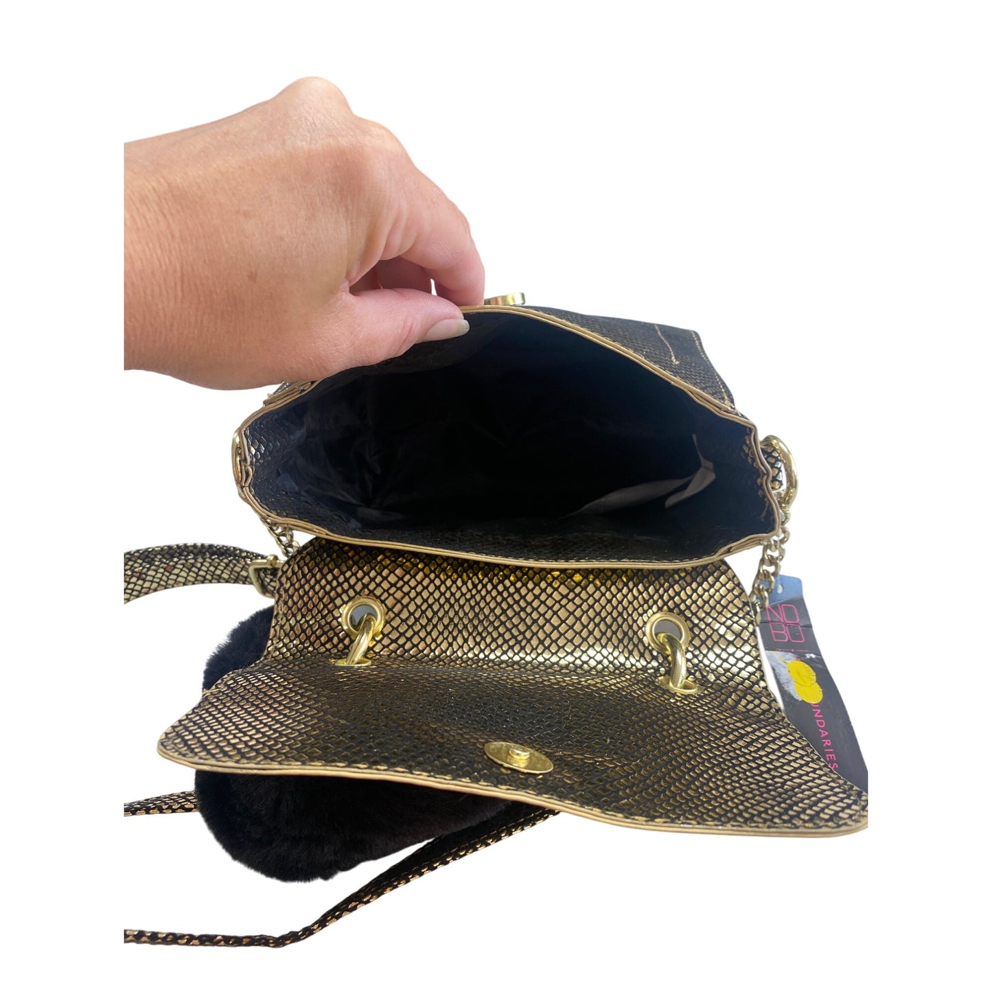 Gold Snake Print Faux Leather Shoulder Bag With Chain Strap & Faux Fur Handle