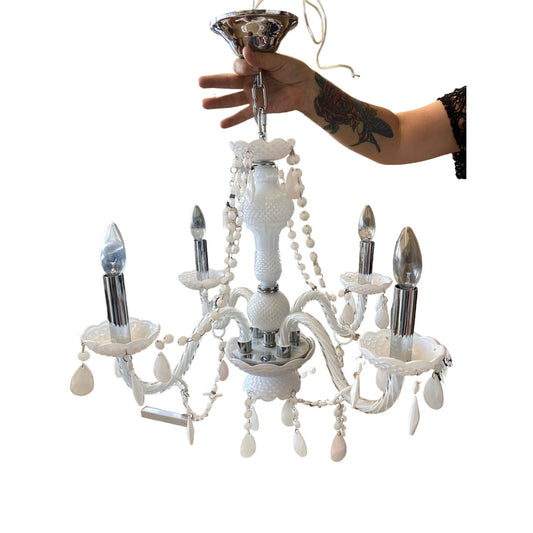 Vintage White Glass Beaded Chandelier  Elegant 4-Light Fixture For Home Decor