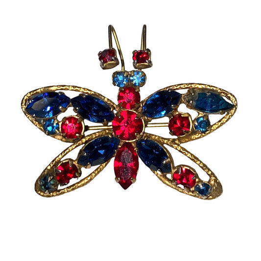 VINTAGE Regency Rhinestone Butterfly Brooch Pin Blue Red