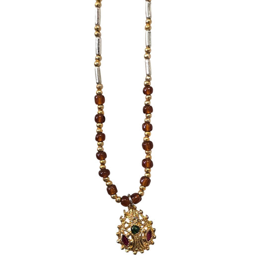 Vintage Gold‑Tone Pendant Necklace w/ Red & Green Cabochons