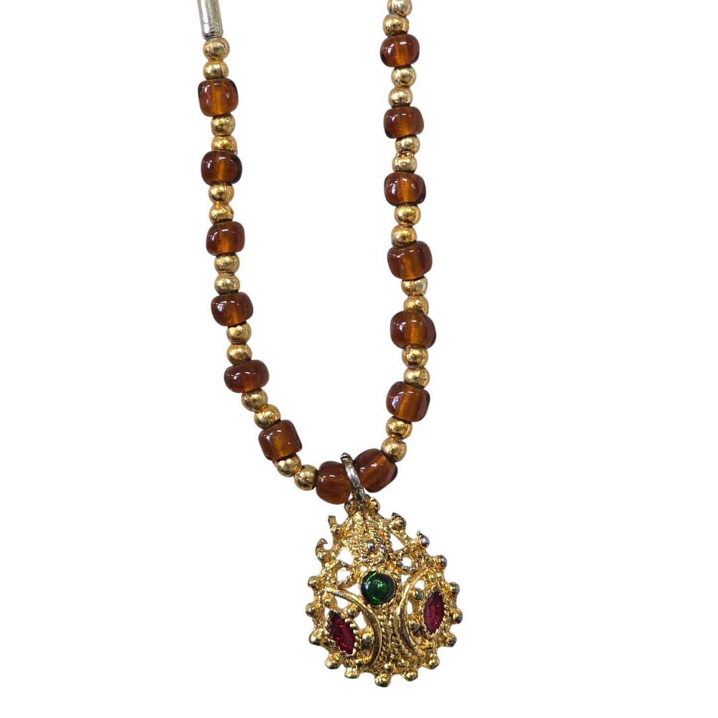 Vintage Gold‑Tone Pendant Necklace w/ Red & Green Cabochons