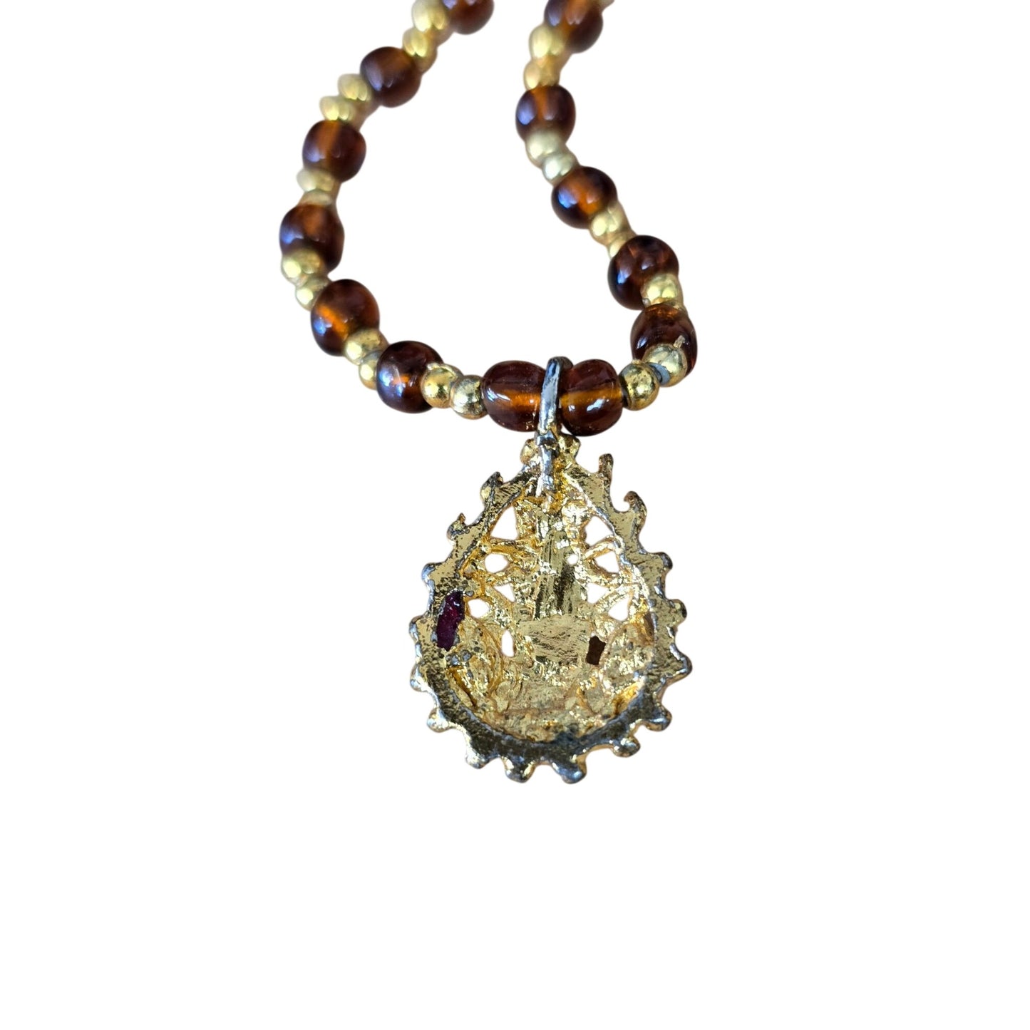 Vintage Gold‑Tone Pendant Necklace w/ Red & Green Cabochons