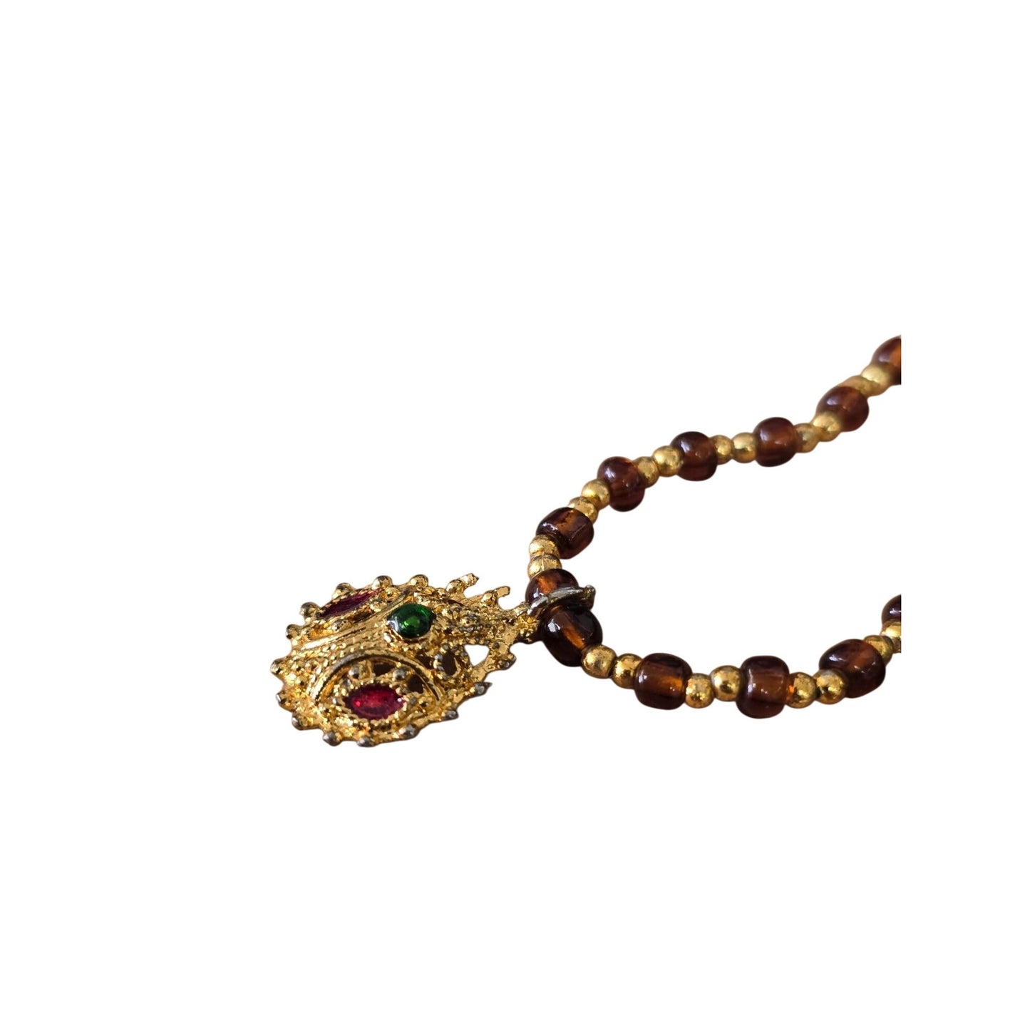 Vintage Gold‑Tone Pendant Necklace w/ Red & Green Cabochons