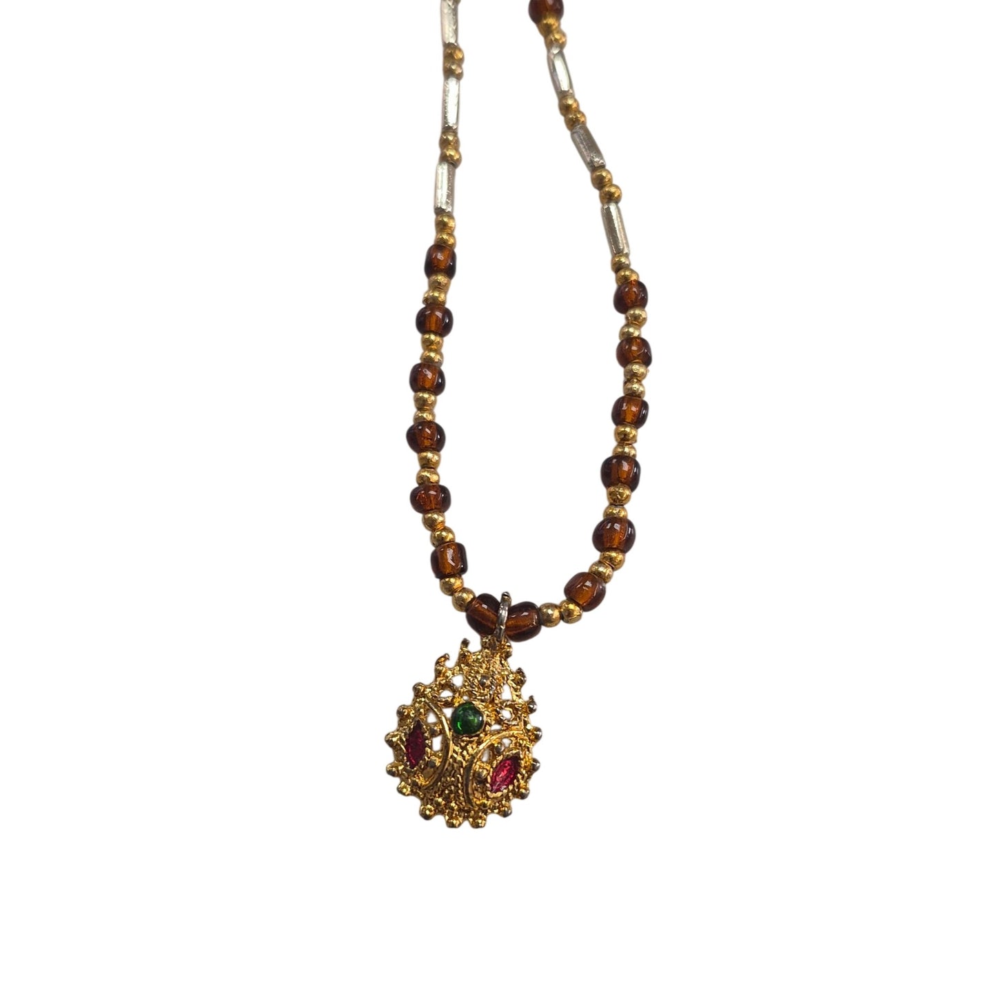 Vintage Gold‑Tone Pendant Necklace w/ Red & Green Cabochons