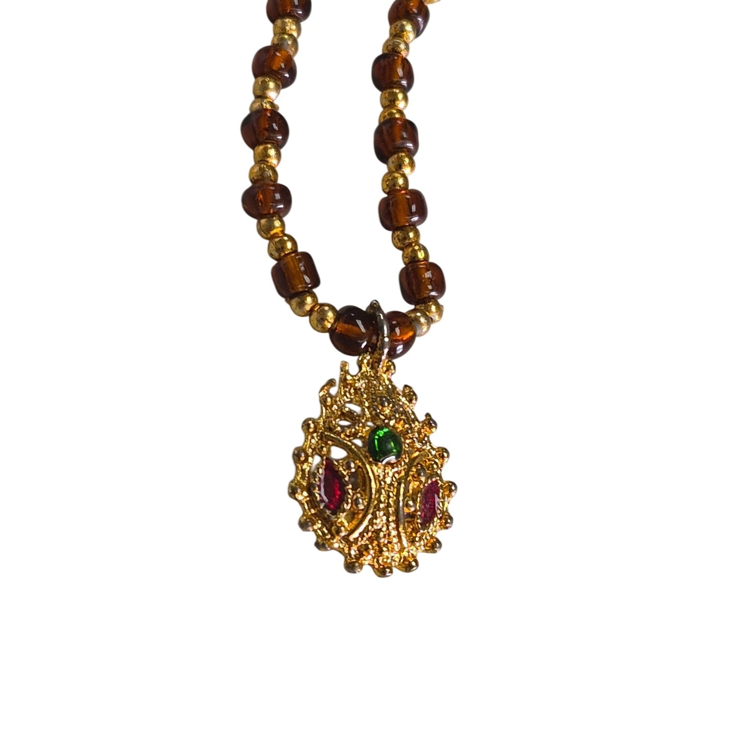 Vintage Gold‑Tone Pendant Necklace w/ Red & Green Cabochons