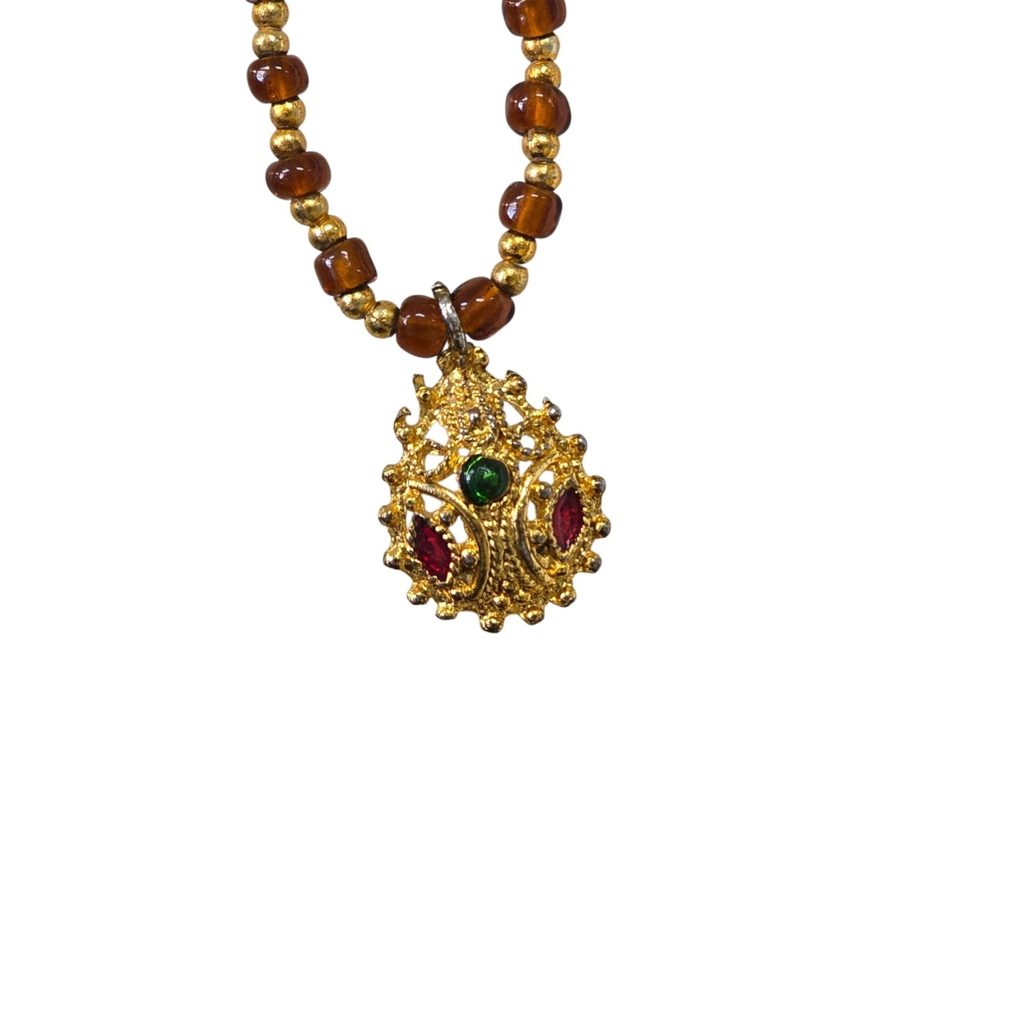 Vintage Gold‑Tone Pendant Necklace w/ Red & Green Cabochons