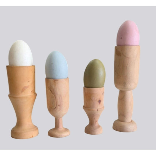 Vintage Turned Wood Egg Cups & Pastel Eggs