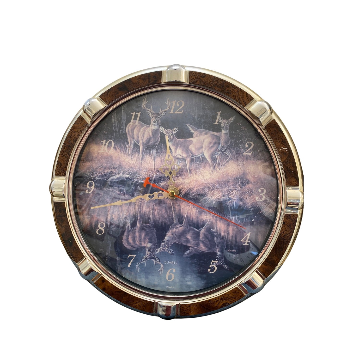 Deer-Themed Quartz Wall Clock With Gold & Wood Finish Frame