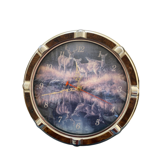 Deer-Themed Quartz Wall Clock With Gold & Wood Finish Frame