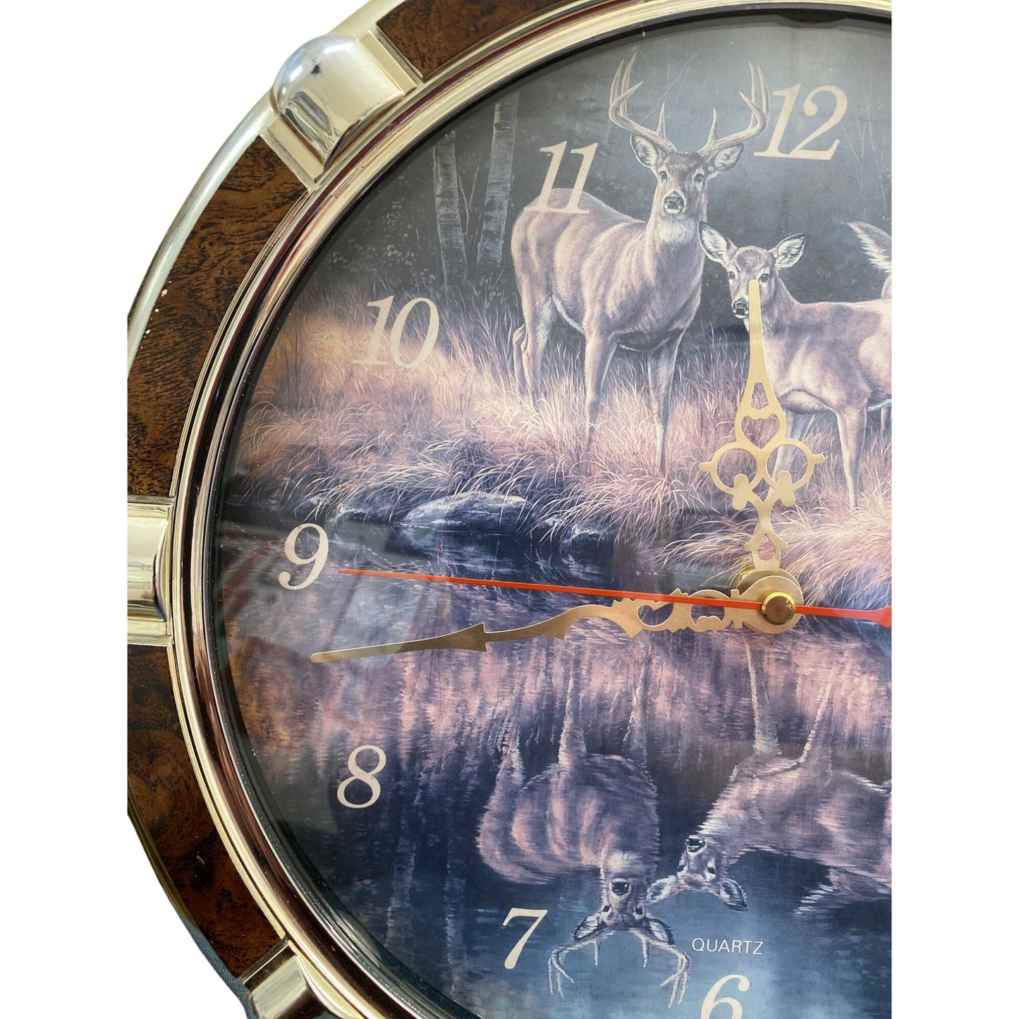 Deer-Themed Quartz Wall Clock With Gold & Wood Finish Frame