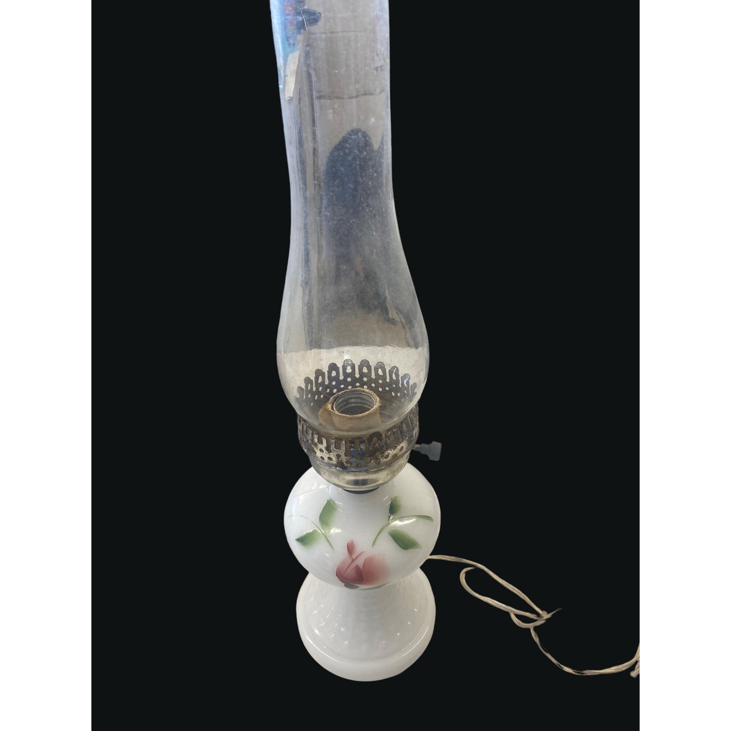 Vintage Milk Glass Table Lamp With Floral Design & Electric Wiring