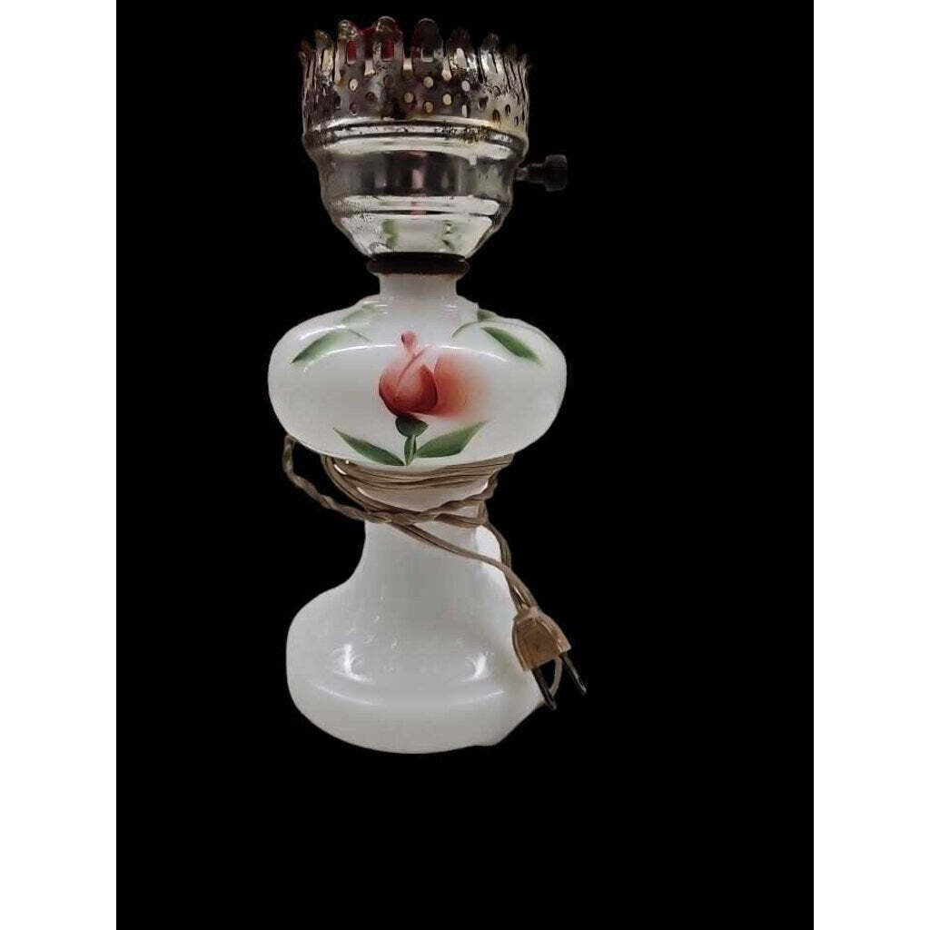 Vintage Milk Glass Table Lamp With Floral Design & Electric Wiring