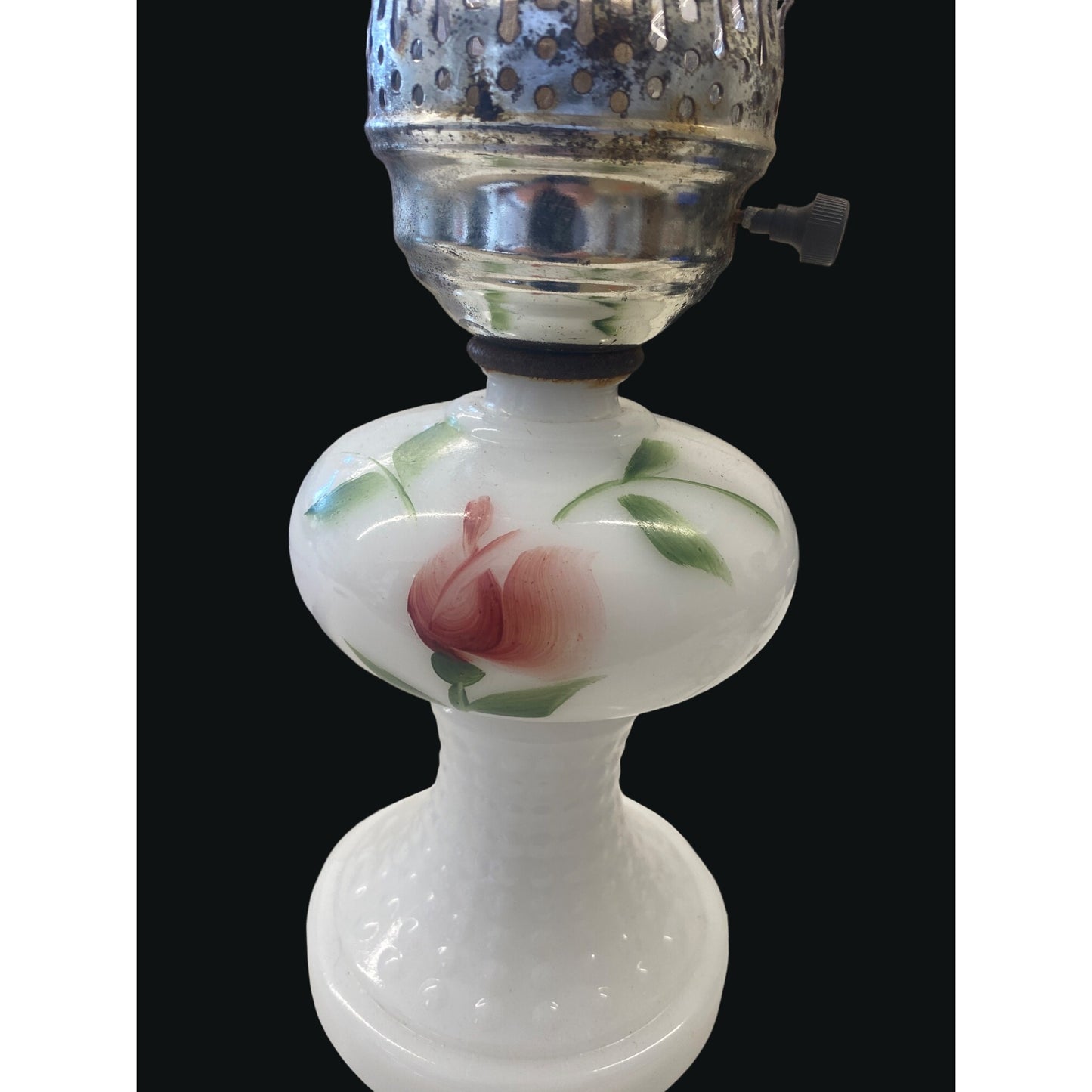 Vintage Milk Glass Table Lamp With Floral Design & Electric Wiring