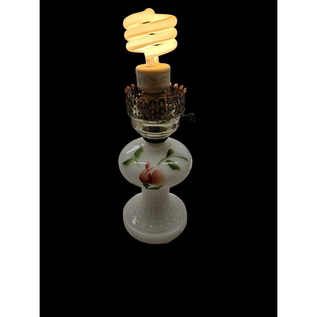 Vintage Milk Glass Table Lamp With Floral Design & Electric Wiring