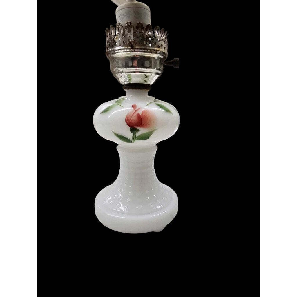 Vintage Milk Glass Table Lamp With Floral Design & Electric Wiring
