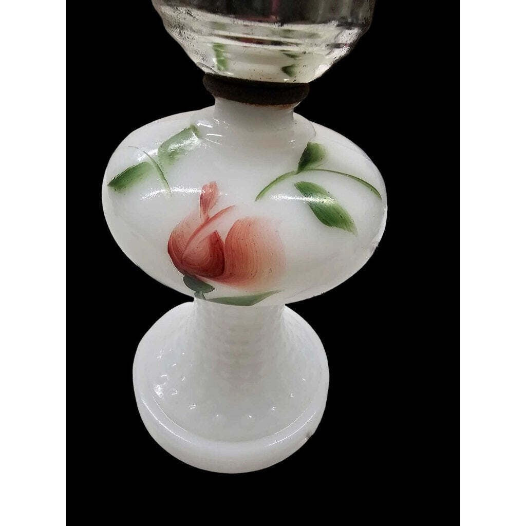 Vintage Milk Glass Table Lamp With Floral Design & Electric Wiring