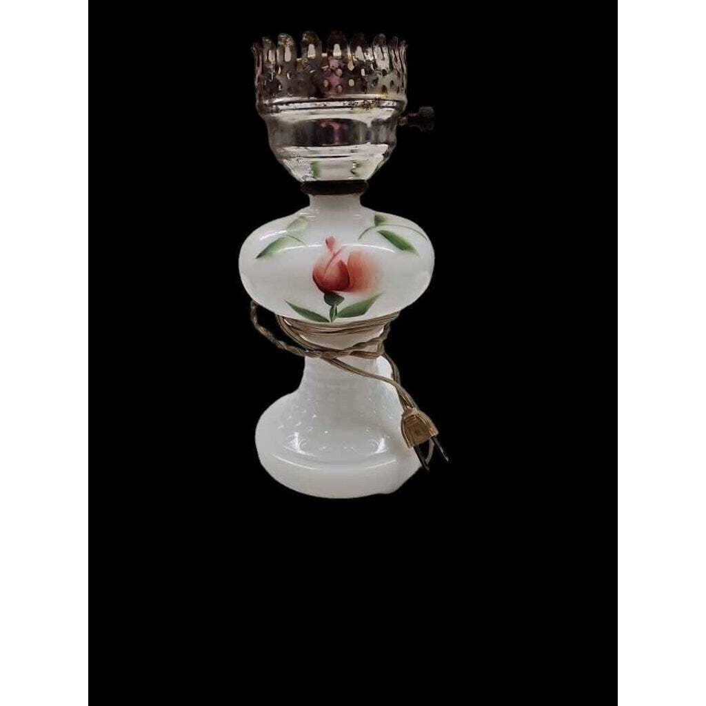 Vintage Milk Glass Table Lamp With Floral Design & Electric Wiring
