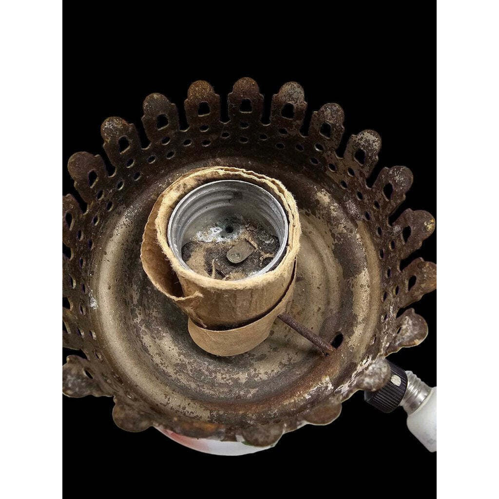 Vintage Milk Glass Table Lamp With Floral Design & Electric Wiring