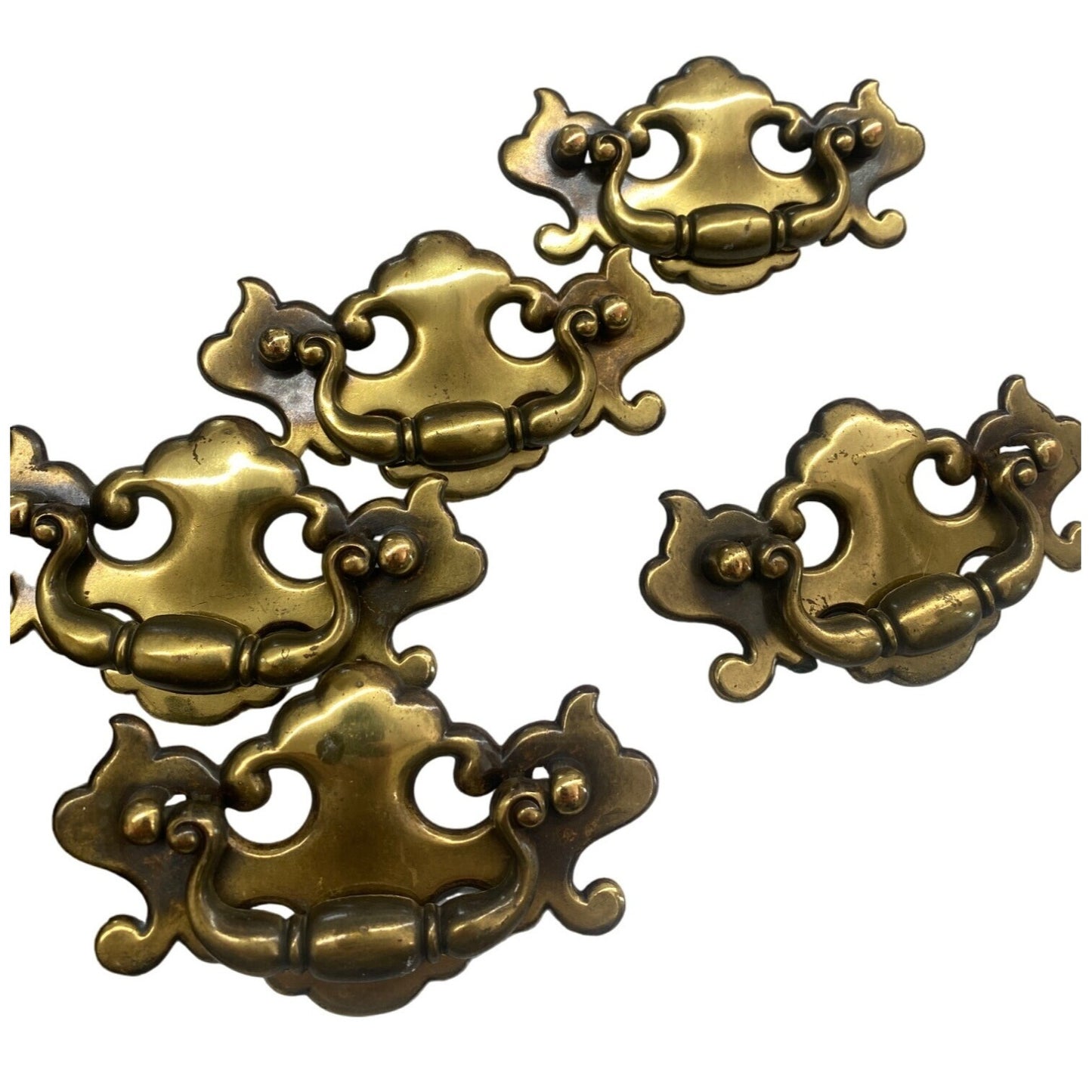 Set Of 5 Vintage Brass Chippendale Style Drawer Pull Handles With Screws
