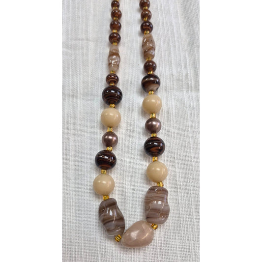 Beaded Necklace Brown & Cream Agate-Like