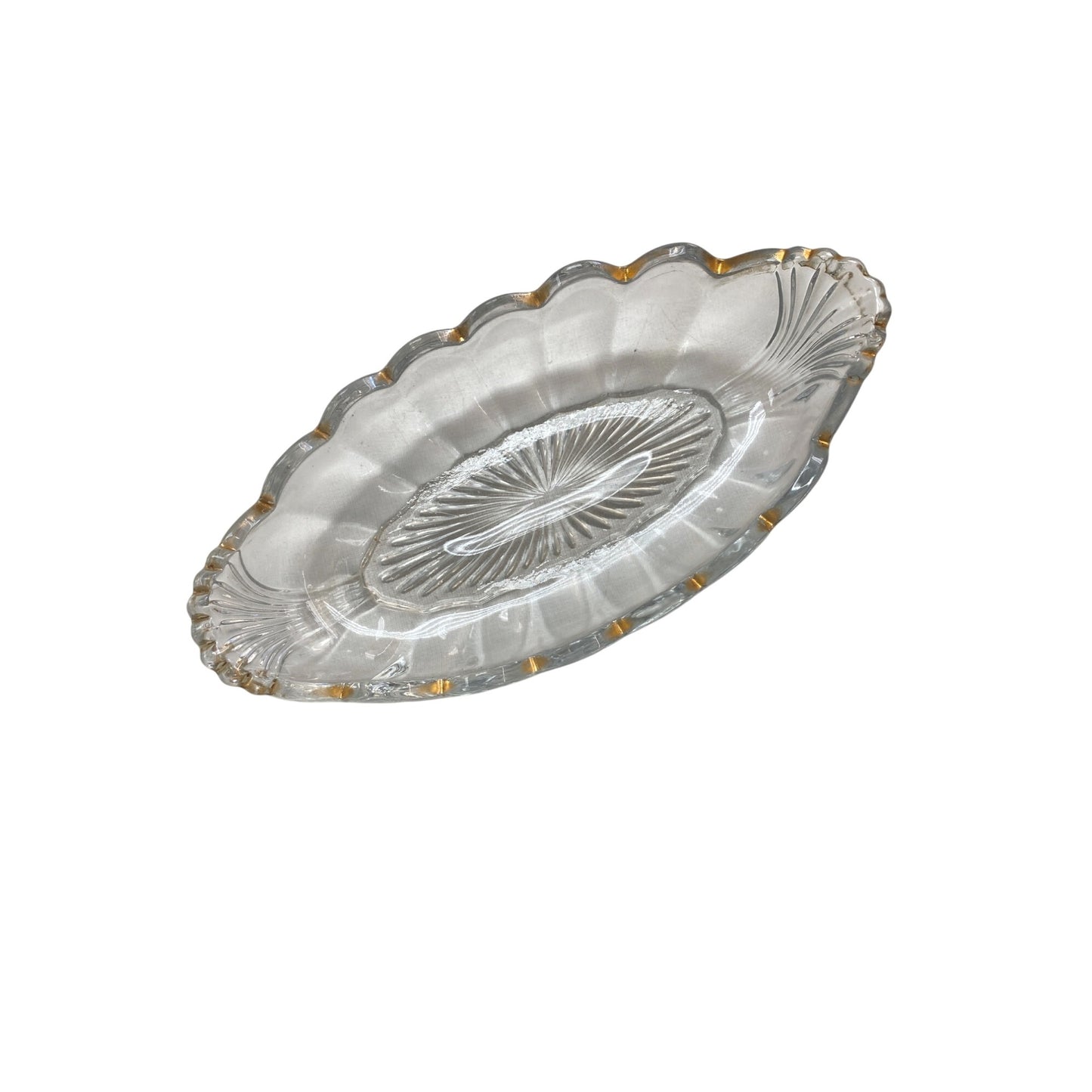 Vintage Clear Glass Oval Dish With Scalloped Edge & Gold Trim
