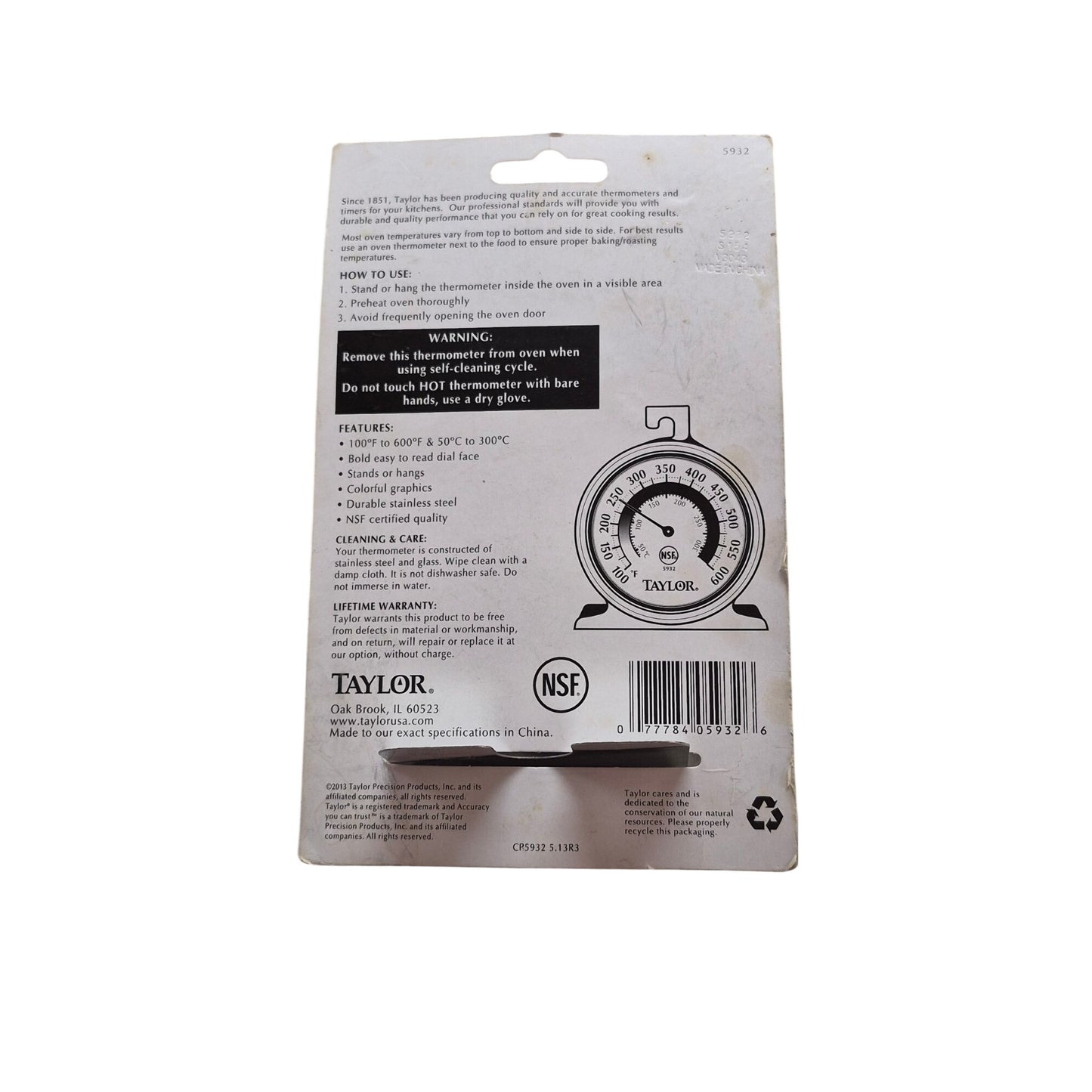 Taylor Oven Thermometer 5932 NSF Certified Stainless Steel 100°F-600°F