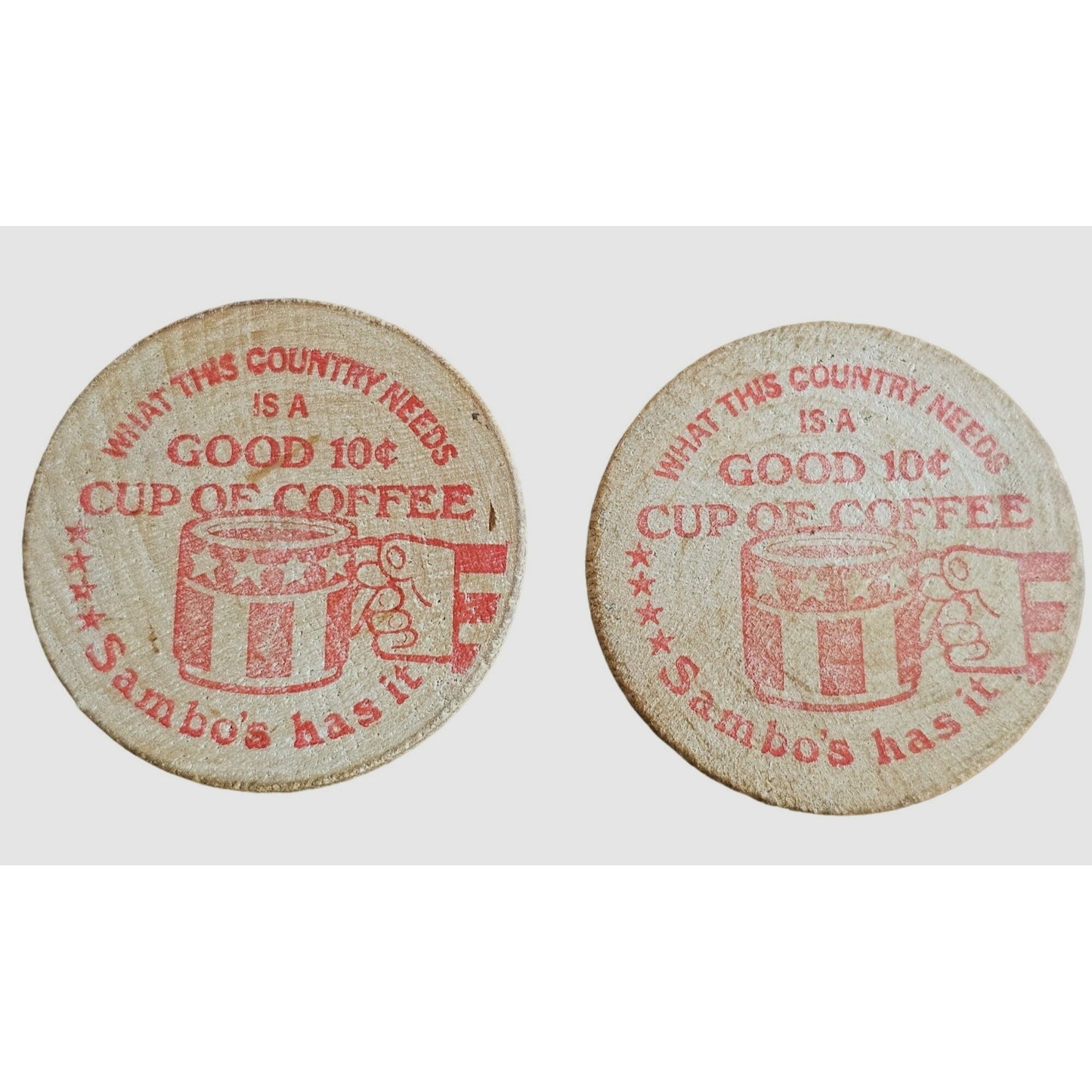 Vintage Sambos Diner Coffee Token Pair - 10¢ Wooden Nickel Retro Memorabilia Collectible