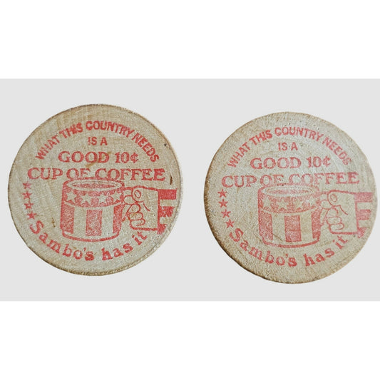 Vintage Sambos Diner Coffee Token Pair - 10¢ Wooden Nickel Retro Memorabilia Collectible