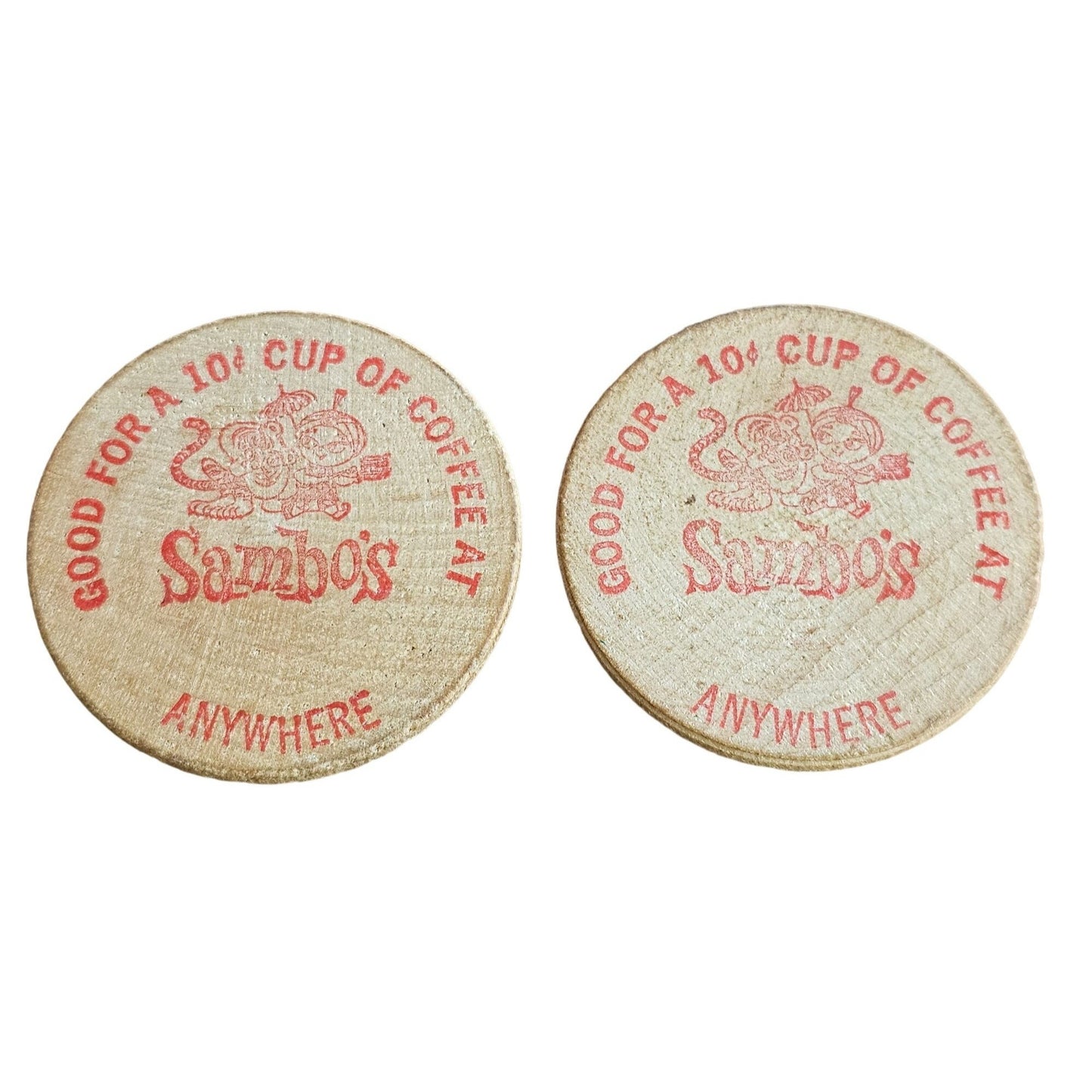Vintage Sambos Diner Coffee Token Pair - 10¢ Wooden Nickel Retro Memorabilia Collectible