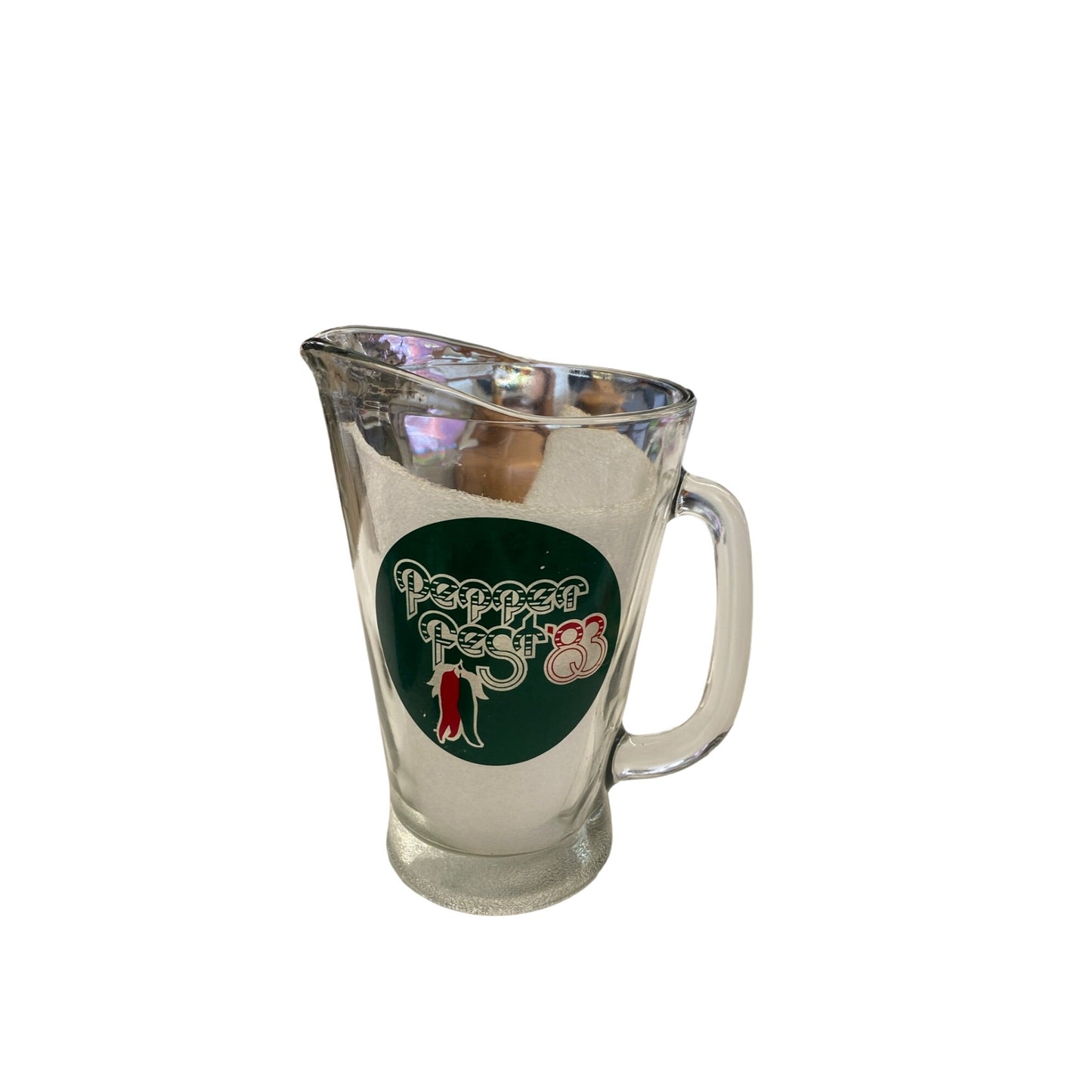 Vintage Pepper Fest 83 Glass Pitcher 56 Oz Clear Glass With Handle Retro Design Collectible