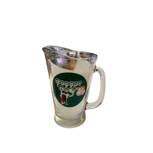 Vintage Pepper Fest 83 Glass Pitcher 56 Oz Clear Glass With Handle Retro Design Collectible
