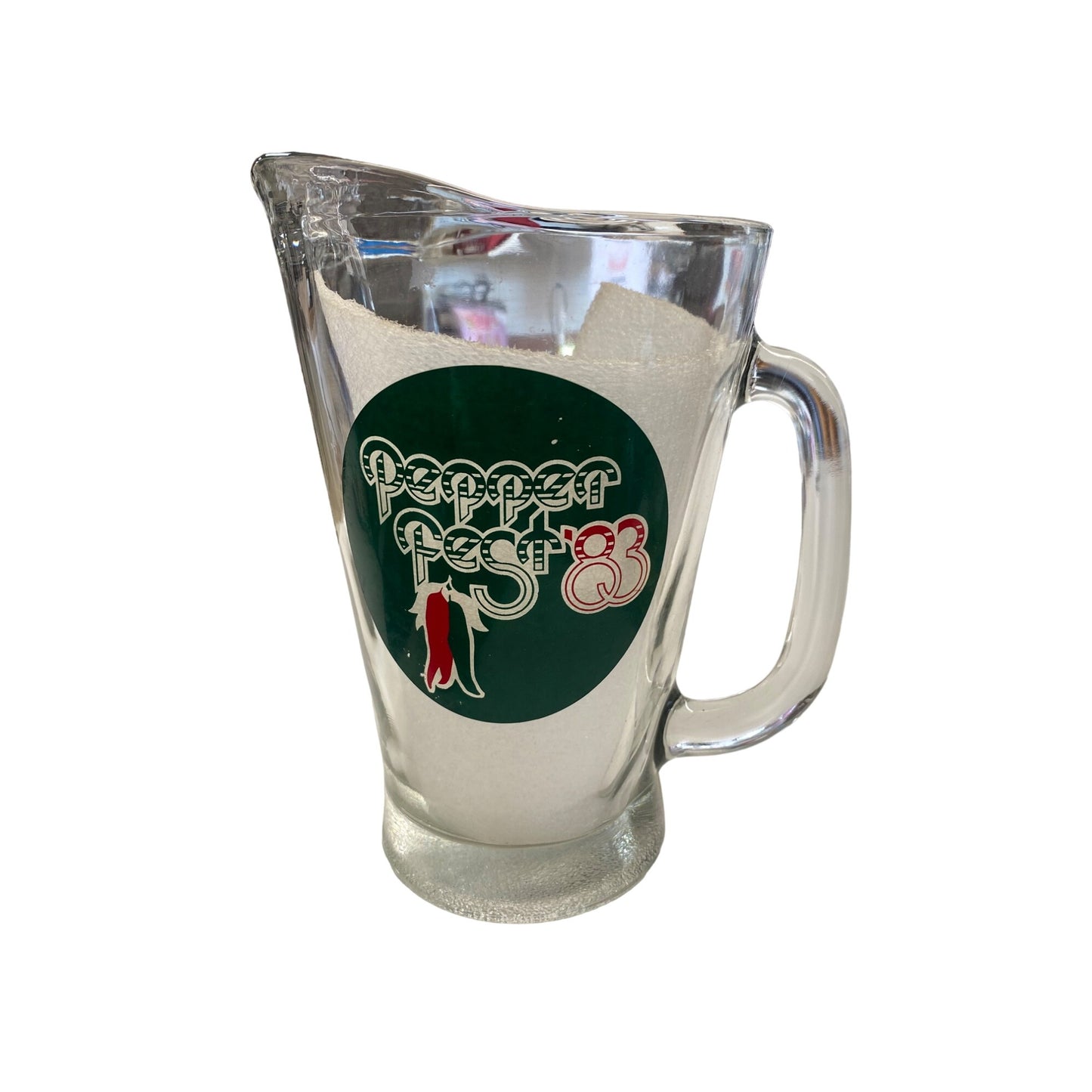 Vintage Pepper Fest 83 Glass Pitcher 56 Oz Clear Glass With Handle Retro Design Collectible