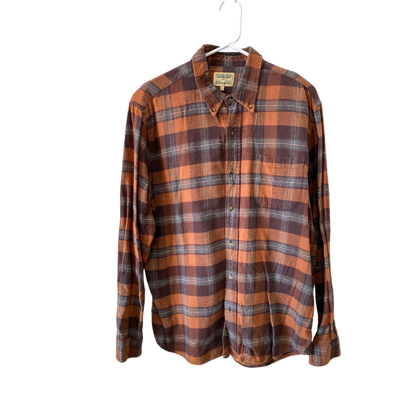 Northcrest Classic Mens Plaid Flannel Shirt L 42-44 Cotton Brown Orange Long Sleeve Button-Up