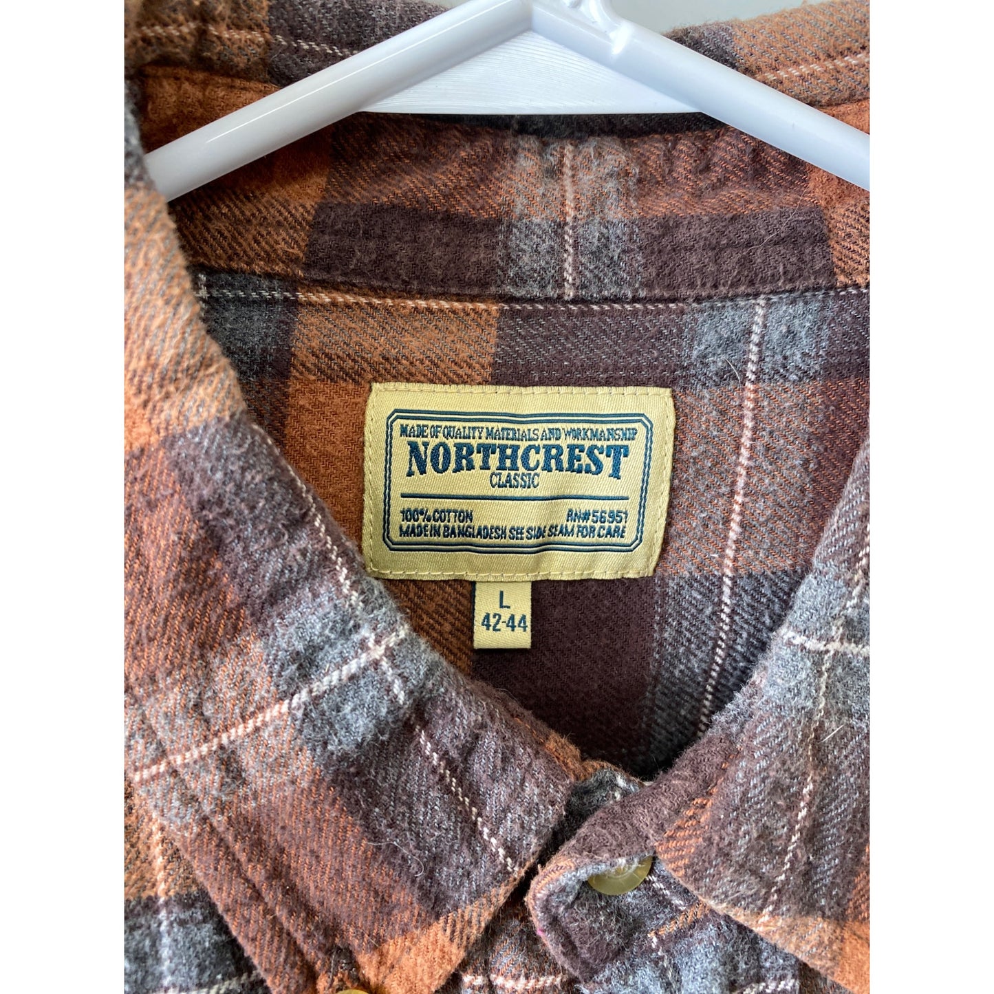 Northcrest Classic Mens Plaid Flannel Shirt L 42-44 Cotton Brown Orange Long Sleeve Button-Up