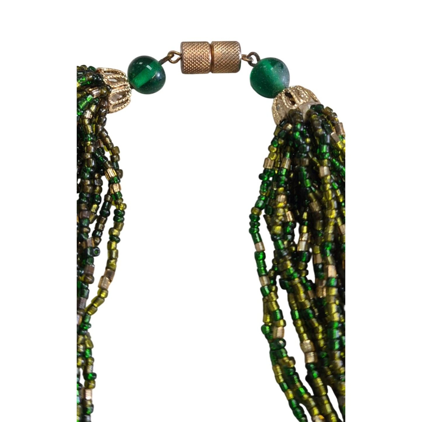 Multistrand Green & Gold Beaded Necklace Screw Clasp Elegant Costume Jewelry