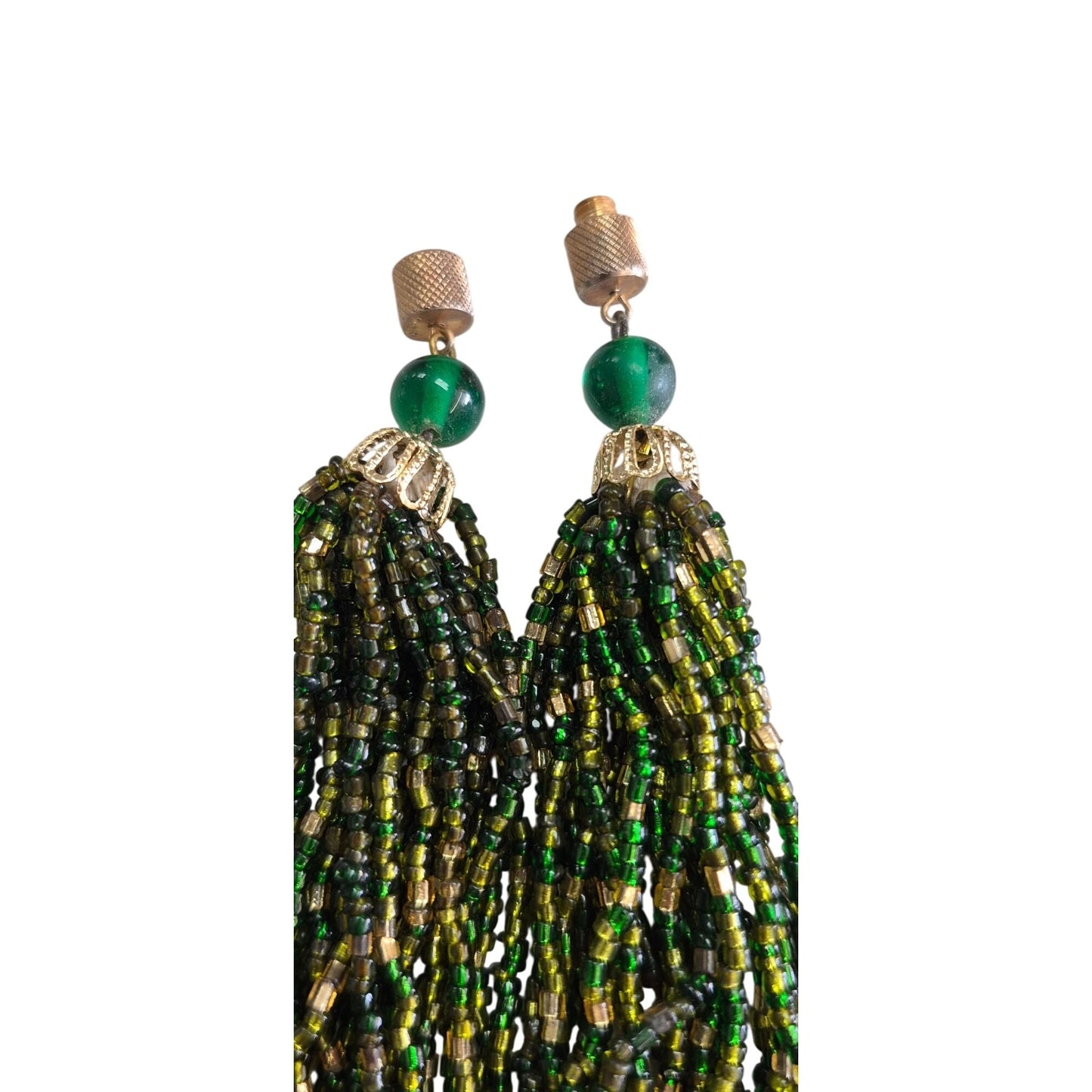 Multistrand Green & Gold Beaded Necklace Screw Clasp Elegant Costume Jewelry