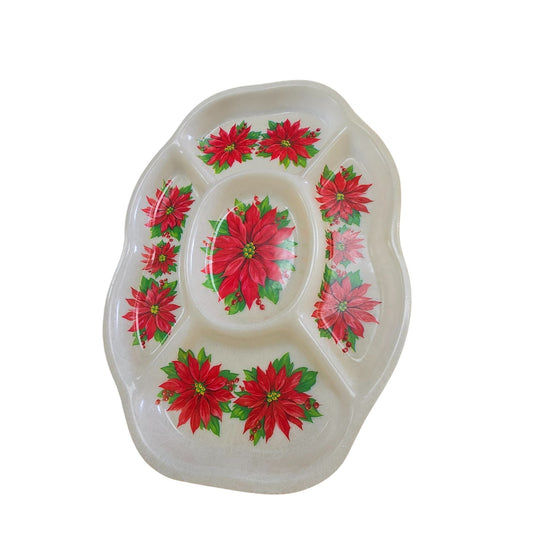 Vintage Christmas Divided Serving Tray With Poinsettia Design
