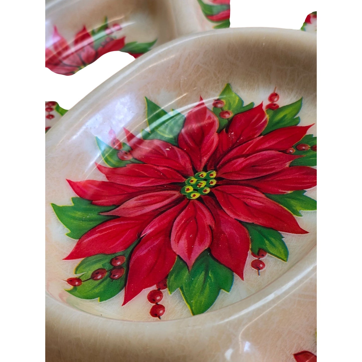 Vintage Christmas Divided Serving Tray With Poinsettia Design