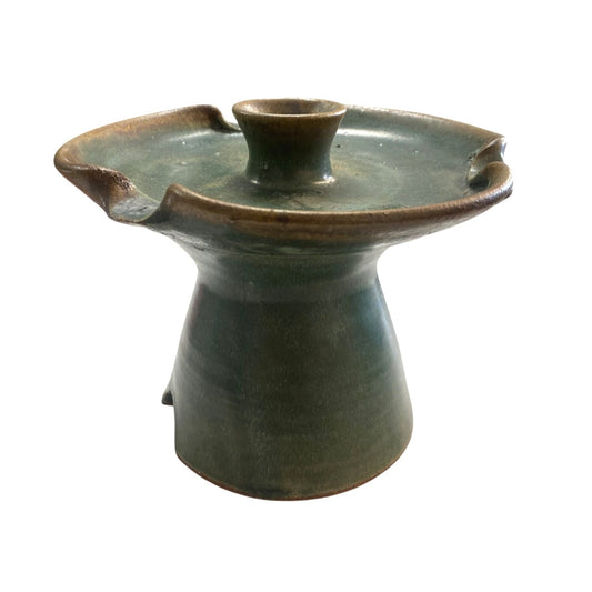 Handcrafted Green Pottery Candle Holder Ashtray Unique Decor