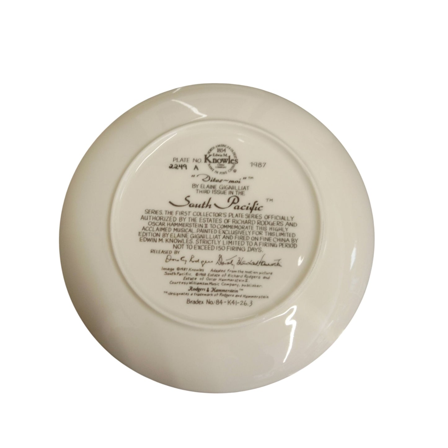 South Pacific "Dites-Moi" Collectors Plate By Knowles Limited Edition 1987 Porcelain With Certificate Of Authenticity