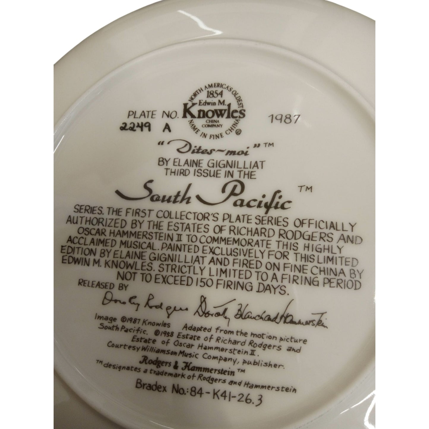 South Pacific "Dites-Moi" Collectors Plate By Knowles Limited Edition 1987 Porcelain With Certificate Of Authenticity