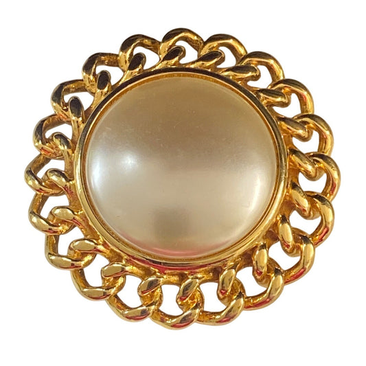 Vintage KJL Kenneth Jay Lane Pearl & Gold Chain Link Brooch