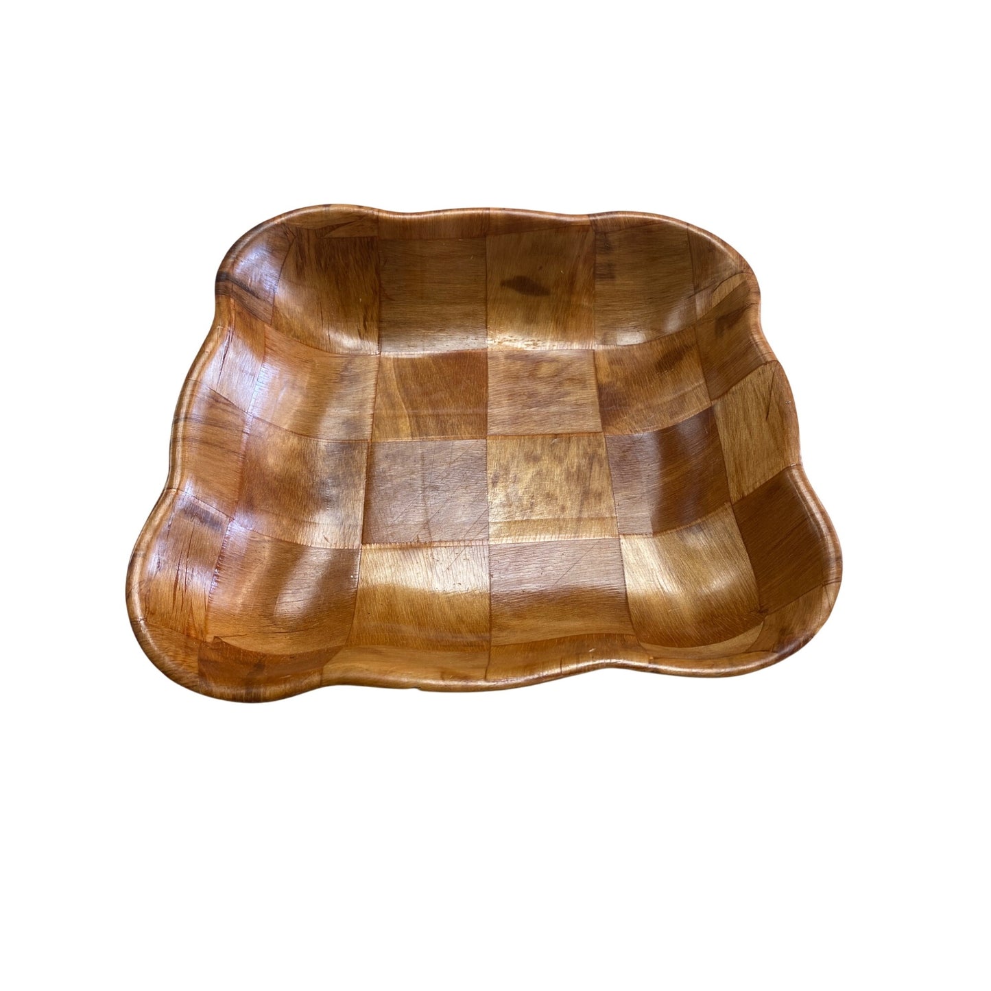 Handcrafted Wooden Checkered Serving Bowl With Scalloped Edges