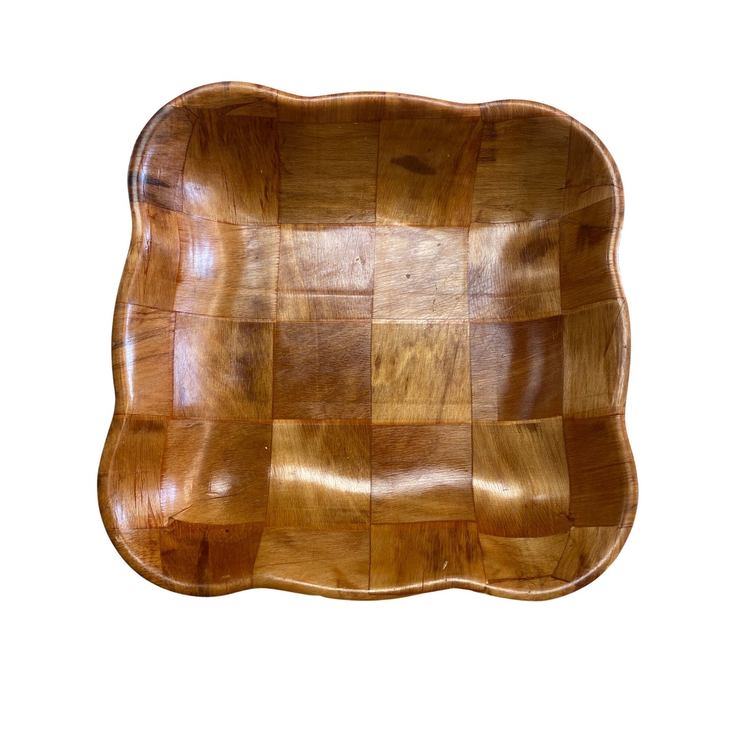 Handcrafted Wooden Checkered Serving Bowl With Scalloped Edges