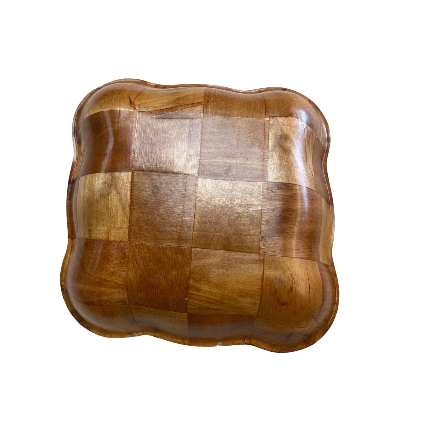 Handcrafted Wooden Checkered Serving Bowl With Scalloped Edges
