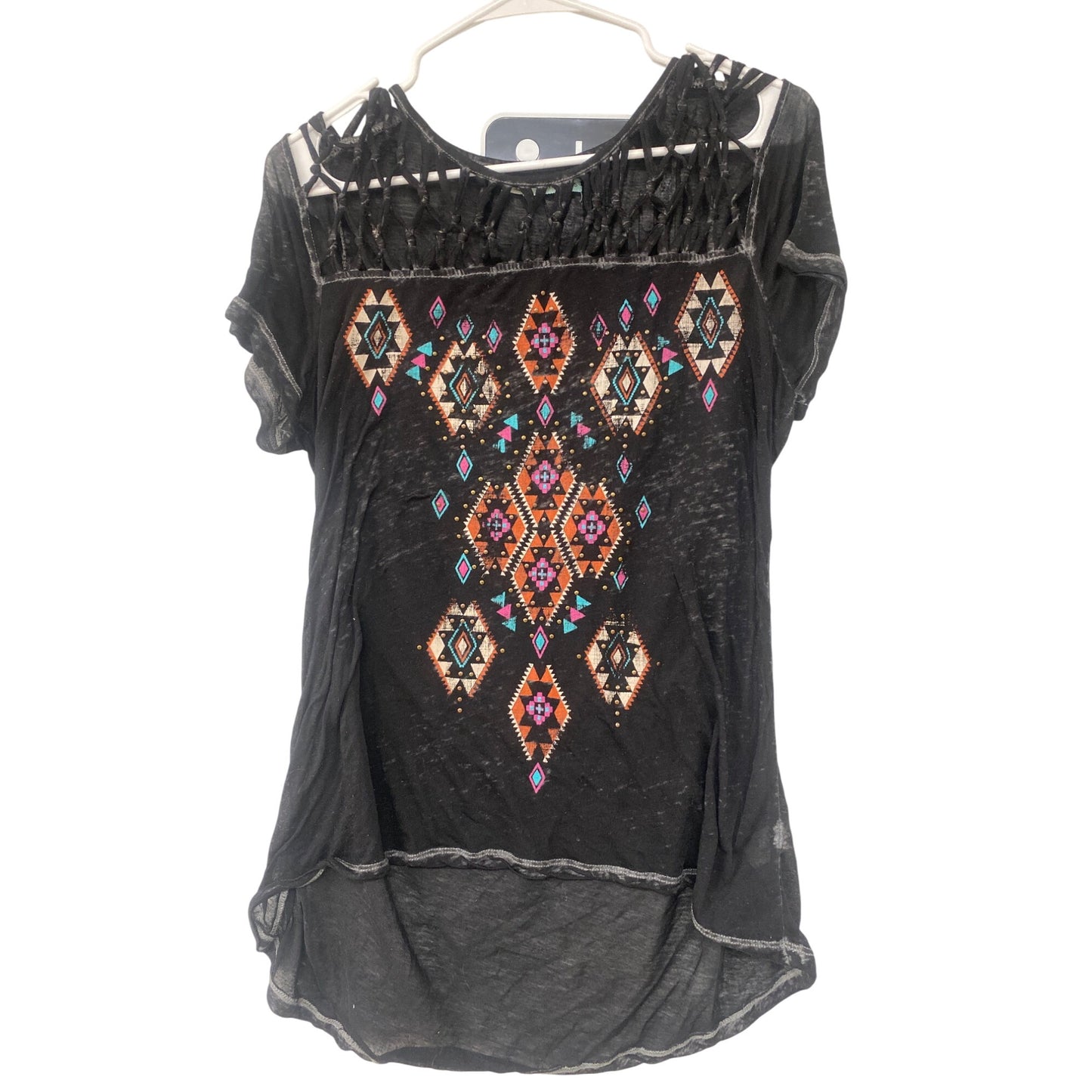 Maurices Womens Large Black Sheer Top With Aztec Print & Knotted Neckline