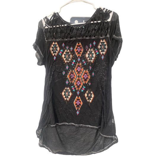 Maurices Womens Large Black Sheer Top With Aztec Print & Knotted Neckline